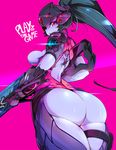  ass bad_id bad_tumblr_id blue_hair bodysuit breasts gauntlets gun head_mounted_display highres large_breasts long_hair overwatch pink_background ponytail purple_skin red_eyes rifle shiny shiny_skin simple_background slugbox sniper_rifle solo tattoo thighs visor_cap weapon widowmaker_(overwatch) 
