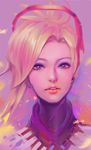  blonde_hair blue_eyes highres jang_ju_hyeon long_hair looking_at_viewer makeup mascara mechanical_halo mercy_(overwatch) overwatch solo 