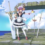  apron black_dress blue_sky breasts cleavage cleavage_cutout cloud day demon_girl demon_horns dress food full_body greatsword hand_on_hip highres horns large_breasts long_sword looking_at_viewer maid maid_headdress masao ocean original outstretched_arm pantyhose planted_sword planted_weapon plate pudding puffy_short_sleeves puffy_sleeves purple_eyes purple_hair short_hair short_sleeves sky smile solo sword waist_apron weapon white_legwear wrist_cuffs 