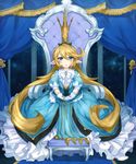  absurdly_long_hair blonde_hair blue_dress blue_eyes blush charlotta_fenia column crown curtains dress full_body gloves granblue_fantasy hair_between_eyes hands_together harvin konomoto_(knmtzzz) long_hair looking_at_viewer parted_lips pillar pointy_ears puffy_short_sleeves puffy_sleeves short_sleeves sitting sky solo star_(sky) starry_sky throne v_arms very_long_hair white_gloves 