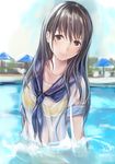  anegasaki_nene bad_id bad_pixiv_id day long_hair looking_at_viewer love_plus mole mole_under_eye nannacy7 partially_submerged school_uniform serafuku sky smile solo swimsuit swimsuit_under_clothes umbrella water wet wet_clothes 