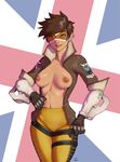  areolae breasts brown_hair collarbone earrings flag_background gloves goggles jacket jadony lips looking_at_viewer navel nipples overwatch short_hair solo tracer_(overwatch) union_jack 