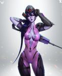  banned_artist bodysuit breasts center_opening cleavage downscaled gun head_mounted_display helmet highres lipstick long_hair looking_at_viewer makeup md5_mismatch medium_breasts overwatch paul_kwon pink_bodysuit purple_hair purple_lipstick purple_skirt resized rifle skirt sniper_rifle solo weapon widowmaker_(overwatch) yellow_eyes 