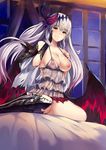  black_hair breasts collarbone covered_nipples dark_jeanne dark_persona demon_girl demon_wings gloves granblue_fantasy haik hair_ornament highres jeanne_d'arc_(granblue_fantasy) large_breasts long_hair looking_at_viewer nightgown nipples red_eyes see-through silver_hair single_glove sitting smile solo textless very_long_hair wariza white_hair window wings 