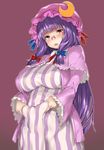  absurdres bad_id bad_pixiv_id belly_grab bespectacled blue_bow blue_ribbon blush bow breasts crescent dress fang fat fat_folds frilled_sleeves frills glasses hair_ribbon hat hat_ribbon highres large_breasts long_hair looking_at_viewer mob_cap open_mouth patchouli_knowledge plump po._(medamaoyazi) purple_eyes purple_hair red_bow red_ribbon ribbon simple_background solo striped striped_dress sweat touhou very_long_hair 