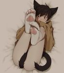  animal_ears bangs bed_sheet between_legs black_hair blurry blush bottomless brown_eyes cat_ears cat_tail covered_mouth covering_mouth depth_of_field e7_(runaway162) extra_ears from_above full_body hair_between_eyes highres hood hood_down hoodie kemonomimi_mode legs_up long_sleeves looking_at_viewer lying male_focus matsuno_juushimatsu no_shoes on_back on_bed osomatsu-kun osomatsu-san paw_print shade shadow sleeves_past_wrists socks solo tail tail_between_legs white_legwear 