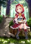  :d animal_hood basket big_bad_wolf_(grimm) blush boots bottle brown_eyes brown_hair bush capelet company_name copyright_name cross-laced_footwear english flower forest frills fukahire_(ruinon) grass holding holding_flower hood knees_together_feet_apart last_chronicle little_red_riding_hood little_red_riding_hood_(grimm) long_sleeves looking_at_another lying nature on_stomach open_mouth profile red_capelet red_skirt shirt sitting sitting_on_tree_stump skirt smile tree tree_stump watermark white_shirt wine_bottle wolf 