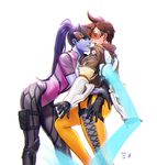  ass black_gloves bodysuit brown_hair ear_piercing energy eye_contact face-to-face gloves goggles h_p head_mounted_display highres hug jacket long_hair looking_at_another multiple_girls open_mouth orange_bodysuit overwatch parted_lips piercing pink_bodysuit ponytail purple_hair purple_skin short_hair smile spiked_hair surprised tracer_(overwatch) widowmaker_(overwatch) yellow_eyes yuri 