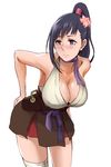  bandaged_leg bandages bare_shoulders black_hair blue_eyes blush breasts cleavage closed_mouth cosplay flower frown hair_flower hair_ornament hand_on_own_ass high_ponytail huge_breasts koutetsujou_no_kabaneri leaning_forward mumei_(kabaneri) mumei_(kabaneri)_(cosplay) nose_blush ponytail shibusun simple_background skirt solo white_background yomogawa_ayame 