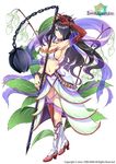  armpits black_hair blue_eyes boots breasts city_forest_online cleavage copyright_name elbow_gloves flail flower flower_knight_girl full_body gloves hair_over_one_eye holding holding_weapon huge_weapon knee_boots large_breasts long_hair looking_at_viewer morning_star object_namesake official_art red_gloves sash see-through sideboob single_elbow_glove skirt smile solo suzurannoki_(flower_knight_girl) weapon white_background white_footwear 