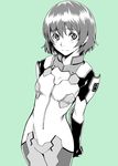  blush bodysuit green_background highres jpeg_artifacts kaminagi_ryouko light_smile monochrome nagayori short_hair simple_background solo zegapain 