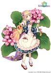  bergenia_(flower_knight_girl) blonde_hair bow city_forest_online copyright_name dress floral_print flower flower_knight_girl full_body hair_flower hair_ornament looking_at_viewer object_namesake official_art purple_eyes red_bow sandals short_hair socks solo standing white_background white_bow 
