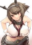  breast_hold breasts brown_hair chain cleavage covered_nipples gloves grabbing green_eyes headband kantai_collection large_breasts midriff miniskirt mutsu_(kantai_collection) short_hair skirt smile solo white_gloves yasu_(yossy) 