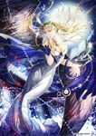  angel_wings arm_guards backlighting bad_proportions bare_shoulders black_wings blonde_hair book breasts charm_(object) cleavage contrapposto dreadnought_(tcg) dress feathered_wings floating_hair full_body full_moon fur_trim gown hand_on_own_chest head_wreath jewelry kyouka_hatori large_breasts long_hair looking_to_the_side moon open_book solo spread_fingers standing star_(sky) watermark white_dress wind wings wreath yellow_eyes 