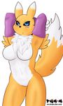  anthro black_sclera blue_eyes breasts chest_tuft clothing digimon elbow_gloves facial_markings female fur gloves markings nude pgm-m pose raised_arm renamon solo tuft white_fur yellow_fur 