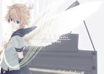  angel_wings blonde_hair blue_eyes detached_sleeves hirobakar instrument kagamine_len looking_at_viewer male_focus necktie piano shorts solo vocaloid wings yellow_neckwear 