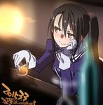  alcohol black_hair blush brown_eyes cup dated drinking_glass gloves hand_on_own_cheek hand_on_own_face head_rest highres holding holding_cup juliet_sleeves kantai_collection kuro_chairo_no_neko long_hair long_sleeves looking_to_the_side nachi_(kantai_collection) ponytail puffy_sleeves remodel_(kantai_collection) side_ponytail sitting solo twitter_username white_gloves 