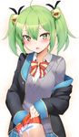  ahoge bell blush breasts chips food food_on_face gj-bu green_eyes green_hair hair_bell hair_between_eyes hair_ornament hair_ribbon highres jacket kannazuki_tamaki long_hair long_sleeves looking_at_viewer m-da_s-tarou medium_breasts off_shoulder open_mouth potato_chips ribbon school_uniform simple_background skirt solo sweater translated twintails white_background 