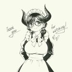  apron arms_behind_back blush breasts glasses greyscale horns large_breasts maid maid_apron maid_headdress marker_(medium) monochrome original pas_(paxiti) smile solo thank_you traditional_media 