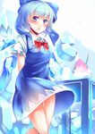  :o arms_behind_back bare_legs blue_bow blue_dress blue_eyes blue_hair blush bow bowtie cirno collared_shirt cowboy_shot crystal dress eyebrows eyebrows_visible_through_hair frilled_sleeves frills hair_bow highres ice ice_wings kanzakietc looking_at_viewer open_mouth puffy_short_sleeves puffy_sleeves red_bow red_neckwear shirt short_hair short_sleeves solo tareme touhou walking wing_collar wings 