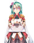  ayase_tamaki birthday_cake blush breasts cake cape character_doll cowboy_shot cravat enokorogusa_(flower_knight_girl) epaulettes flower_knight_girl food frills green_hair happy_birthday large_breasts looking_at_viewer purple_eyes red_skirt saboten_(flower_knight_girl) short_hair skirt smile solo tray underboob white_background 