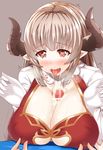  1girl alicia_(granblue_fantasy) blush breasts brown_hair censored cleavage cleavage_cutout cow_girl cow_horns cross cum cum_in_mouth cum_on_breasts demon_girl dress earrings erect_nipples gloves granblue_fantasy heart heart-shaped_pupils hetero horns huge_breasts large_breasts long_hair nipple_tweak oga_raito open_mouth paizuri paizuri_under_clothes penis pointy_ears red_eyes silver_hair simple_background solo_focus succubus symbol-shaped_pupils tongue tongue_out white_gloves 