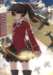  absurdres aircraft airplane bad_id bad_pixiv_id brown_hair highres kanikou kantai_collection magatama red_eyes ryuujou_(kantai_collection) standing translation_request twintails visor_cap 