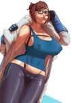  beads blue_gloves breasts brown_eyes brown_hair cameltoe cleavage covered_navel covered_nipples glasses gloves hair_bun hair_ornament hair_stick harness huge_breasts john_doe lips lowleg lowleg_pants mei_(overwatch) navel overwatch pants plump public_vibrator short_hair solo tank_top undressing 
