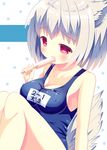  animal_ears blush breasts cleavage collarbone food hazakura_satsuki highres inubashiri_momiji large_breasts one-piece_swimsuit popsicle red_eyes school_swimsuit sexually_suggestive short_hair silver_hair sitting solo spilling swimsuit tail touhou wolf_ears wolf_tail 