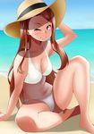  arm_support armpits beach bikini breasts brown_eyes brown_hair cleavage collarbone day hand_on_headwear hat idolmaster idolmaster_(classic) idolmaster_2 long_hair looking_at_viewer medium_breasts minase_iori ocean one_eye_closed outdoors sitting sky smile solo stomach straw_hat sun_hat swimsuit takano_(sora) thighs white_bikini 