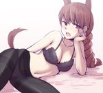  alexandra_serbanescu animal_ears arm_support black_bra bra braid breasts brown_eyes brown_hair cleavage dog_ears dog_tail liar_lawyer long_hair looking_at_viewer lying medium_breasts navel on_side open_mouth panties panties_under_pantyhose pantyhose partially_undressed scar scar_across_eye solo tail underwear world_witches_series 