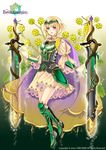  acacia_(flower_knight_girl) armor armored_dress blonde_hair boots cape circlet city_forest_online flower flower_knight_girl full_body gradient gradient_background green_armor green_background green_footwear knee_boots looking_at_viewer metal_boots object_namesake official_art purple_eyes see-through short_hair skirt smile solo standing sword weapon white_background yellow_skirt 