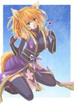  animal_ears artist_request blonde_hair breasts cleavage dog_days fingerless_gloves fox_ears fox_tail gloves green_eyes hair_ribbon japanese_clothes kneeling large_breasts open_mouth ponytail ribbon solo tail thighhighs yukikaze_panettone 