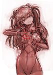  1girl bangs bodysuit boyaking bracer closed_mouth cowboy_shot gloves head_tilt headgear heart heart_hands hips light_smile long_hair looking_at_viewer monochrome neon_genesis_evangelion pilot_suit plugsuit red simple_background sketch smile solo souryuu_asuka_langley standing turtleneck two_side_up 