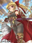  animal armor belt blonde_hair blush bodysuit cape closed_mouth covered_navel female hair_ornament long_hair looking_at_viewer navel original pink_eyes ponytail smile solo sunbeam sword tokinobutt weapon wolf 
