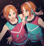  2wink :d aoi_hinata aoi_yuuta black_background brothers ensemble_stars! green_eyes headphones highres light_smile looking_at_another multiple_boys open_mouth orange_hair seica siblings sky sleeveless smile sparkle star_(sky) starry_sky twins wristband 