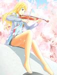  barefoot blonde_hair blue_eyes grey_skirt highres holding instrument long_hair miyazono_kawori music necktie outdoors playing_instrument pleated_skirt prbili school_uniform shigatsu_wa_kimi_no_uso sitting skirt solo violin 