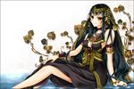  armlet black_hair bracelet breasts brown_eyes choker cleavage hand_on_own_knee highres jewelry long_hair medium_breasts necklace original ring sitting smile solo takagi_hachisu thumb_ring traditional_clothes 