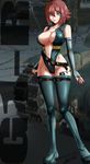  background big_breasts blush bodysuit breasts cleavage elbow_gloves fingerless_gloves gloves green_eyes highres large_breasts latex open_mouth red_hair smile solo standing tanks tattoo tenlann thighhighs unzipped wot 