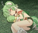  animal_ears ass bare_legs bare_shoulders closed_eyes gloves green_hair last_period lying natsu_no_koucha on_side paw_gloves paws shirt short_shorts shorts sleeping solo yuukari_(last_period) zzz 