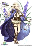  belt blonde_hair bow_(weapon) cape circlet city_forest_online copyright_name flower flower_knight_girl full_body gloves holding holding_weapon liriope_(flower_knight_girl) long_hair looking_at_viewer object_namesake official_art pointy_ears purple_eyes sandals single_glove skirt smile solo standing weapon 