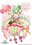  ahoge bag bow breasts cherry_blossoms cherry_hair_ornament cherry_print choker city_forest_online cleavage copyright_name flower flower_knight_girl food_print food_themed_hair_ornament full_body gloves green_hair hair_bobbles hair_ornament hammer holding holding_weapon large_breasts long_hair looking_at_viewer multicolored multicolored_clothes multicolored_legwear object_namesake official_art pink_bow pink_flower pink_footwear red_eyes sakuranbo_(flower_knight_girl) shoes skirt smile solo standing striped striped_legwear thighhighs weapon white_background white_gloves zettai_ryouiki 