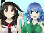  animal_ears aqua_background aqua_eyes black_hair blue_hair blush drill_hair ear_tug eye_contact head_fins imaizumi_kagerou japanese_clothes kimono long_hair long_sleeves looking_at_another multiple_girls open_mouth red_eyes short_hair smile touhou tyouseki upper_body wakasagihime wide_sleeves wolf_ears 