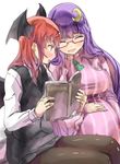  :d :o ^_^ bat_wings bespectacled black_legwear book breasts closed_eyes couple crescent crescent_hair_ornament glasses hair_ornament happy head_wings holding holding_book if_they_mated ips_cells koakuma large_breasts multiple_girls necktie no_hat no_headwear open_mouth pantyhose patchouli_knowledge pregnant purple_hair red_eyes red_hair skirt skirt_set smile touhou v-shaped_eyebrows vest wings yohane yuri 