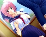  blush iizuki_tasuku kirihara_mana pink_eyes pink_hair seifuku short_hair skirt temptation_h temptation_naked 