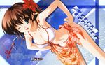  bikini blue_eyes breasts brown_hair cleavage ef flower hair_flower hair_ornament highres medium_breasts miyamura_miyako nanao_naru one_eye_closed orange_sarong print_sarong sarong solo swimsuit wallpaper white_bikini 