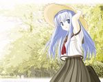  blue_eyes blue_hair forest hat kazoku_keikaku long_hair nature school_uniform serafuku smile solo straw_hat su... sun_hat takayashiki_matsuri 