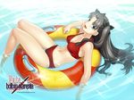  :d afloat armpits bangs bikini black_hair blue_eyes blush breasts cleavage fate/hollow_ataraxia fate/stay_night fate_(series) from_above hair_ribbon innertube legs light_rays long_hair long_legs lying medium_breasts navel official_art on_back open_mouth parted_bangs partially_submerged pool reclining red_bikini ribbon shiny shiny_hair smile solo sparkle sunbeam sunlight swimsuit takeuchi_takashi thigh_gap toosaka_rin two_side_up wallpaper water wet 