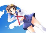  blue_eyes blush brown_hair cathead cloud dutch_angle from_below highres long_sleeves natsume_saya pleated_skirt school_uniform short_hair skirt sky solo thighhighs time_capsule_haru wallpaper white_legwear wind yoshihara_maito 