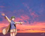  artist_request cloud coat condensation_trail dated green_hair hatsuseno_alpha miniskirt outdoors outstretched_arms pencil_skirt pointing ponytail purple_eyes skirt sky solo spread_arms sunset sweater turtleneck wallpaper yokohama_kaidashi_kikou 